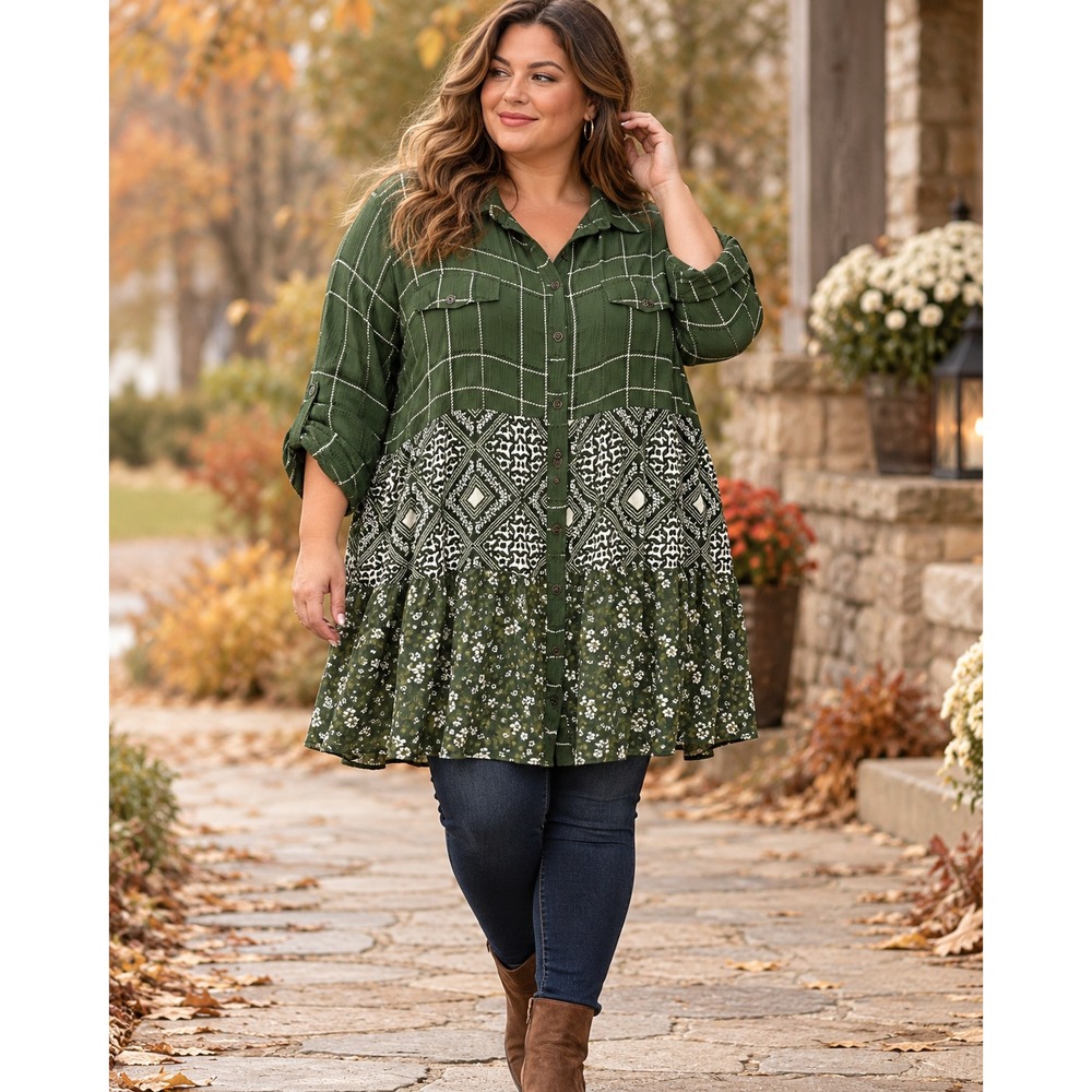 Trueself Mixed Print Plaid Floral Button Tunic Top Green Roll Tab Shirt Size 3X